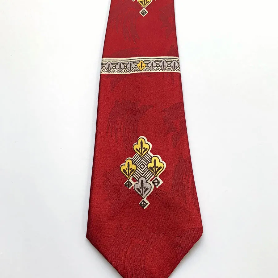 40s Necktie Men's Vintage Fleur de Lis Dark Red Jacquard White Yellow & Gray VFG