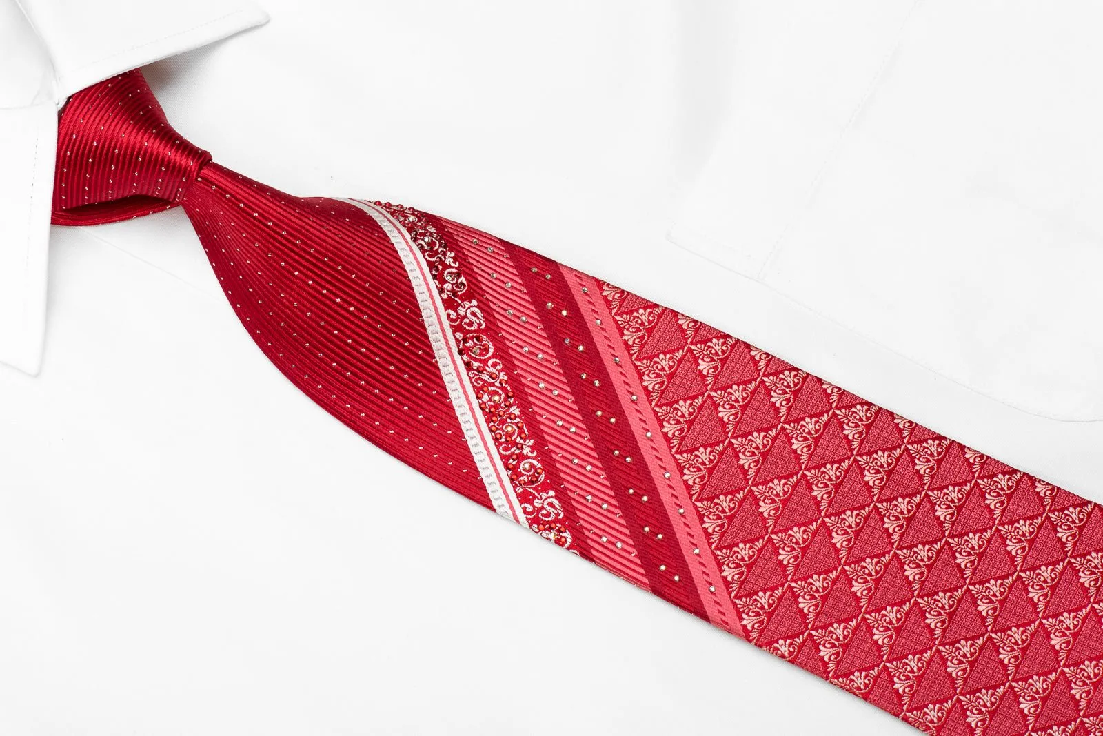 Andre Kim Men's Crystal Silk Necktie Anthemion On Red With Silver Sparkles