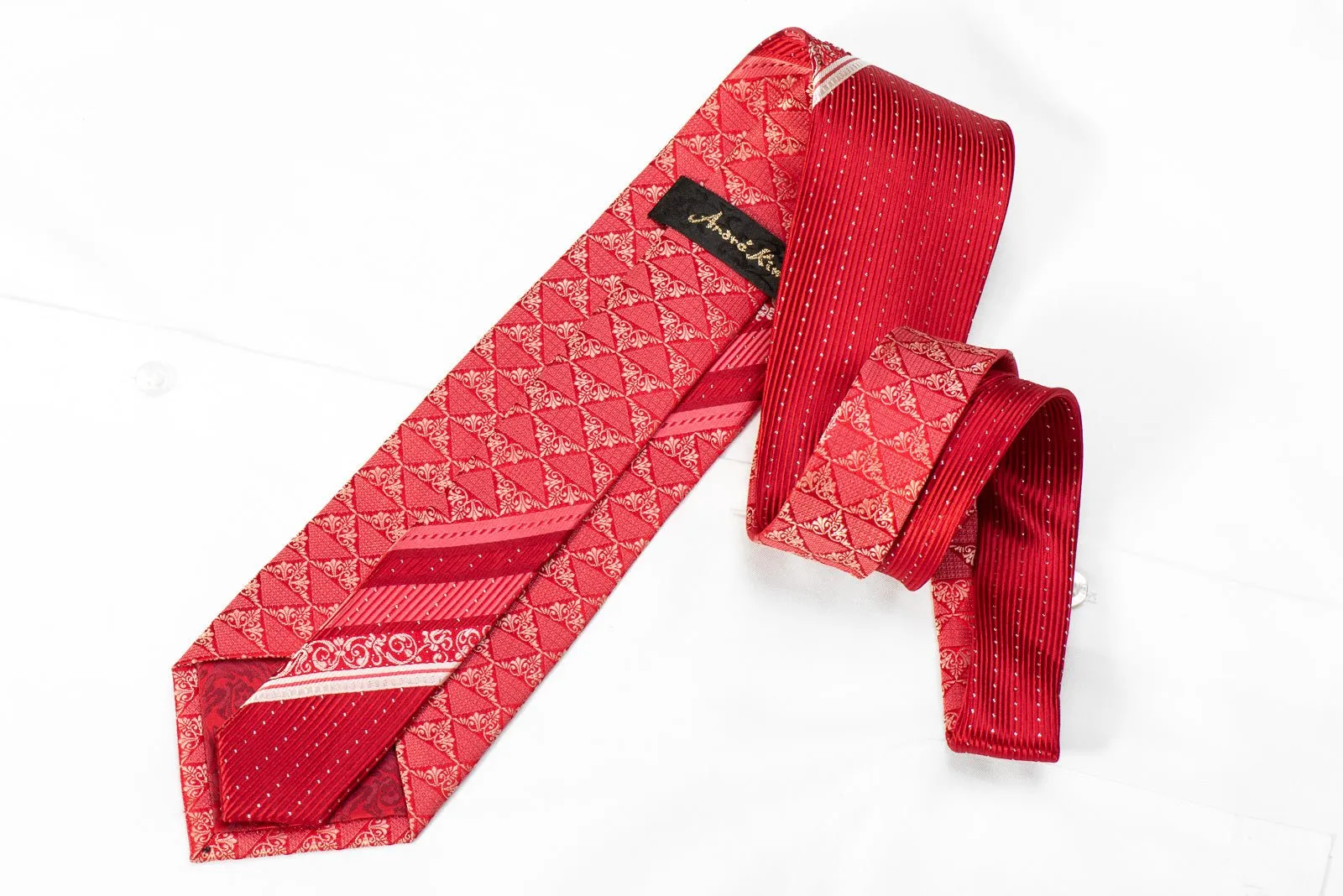 Andre Kim Men's Crystal Silk Necktie Anthemion On Red With Silver Sparkles