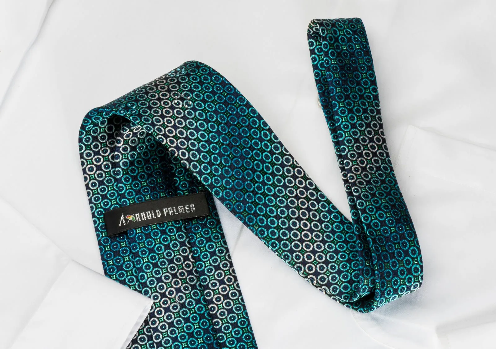 Arnold Palmer Silk Tie Turquoise Geometric On Blue With Turquoise Sparkles