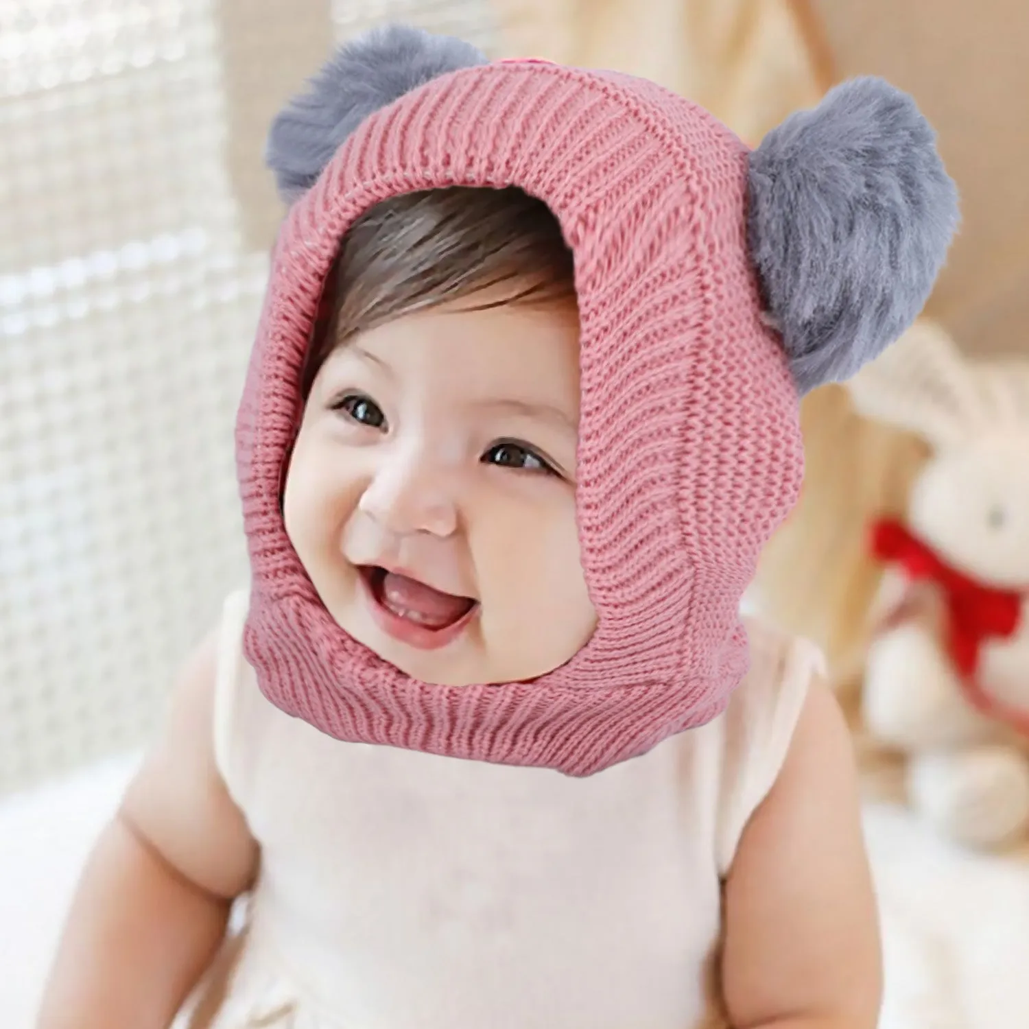 Baby Moo Adorable Pom Pom Knitted Beanie Woollen Cap - Peach