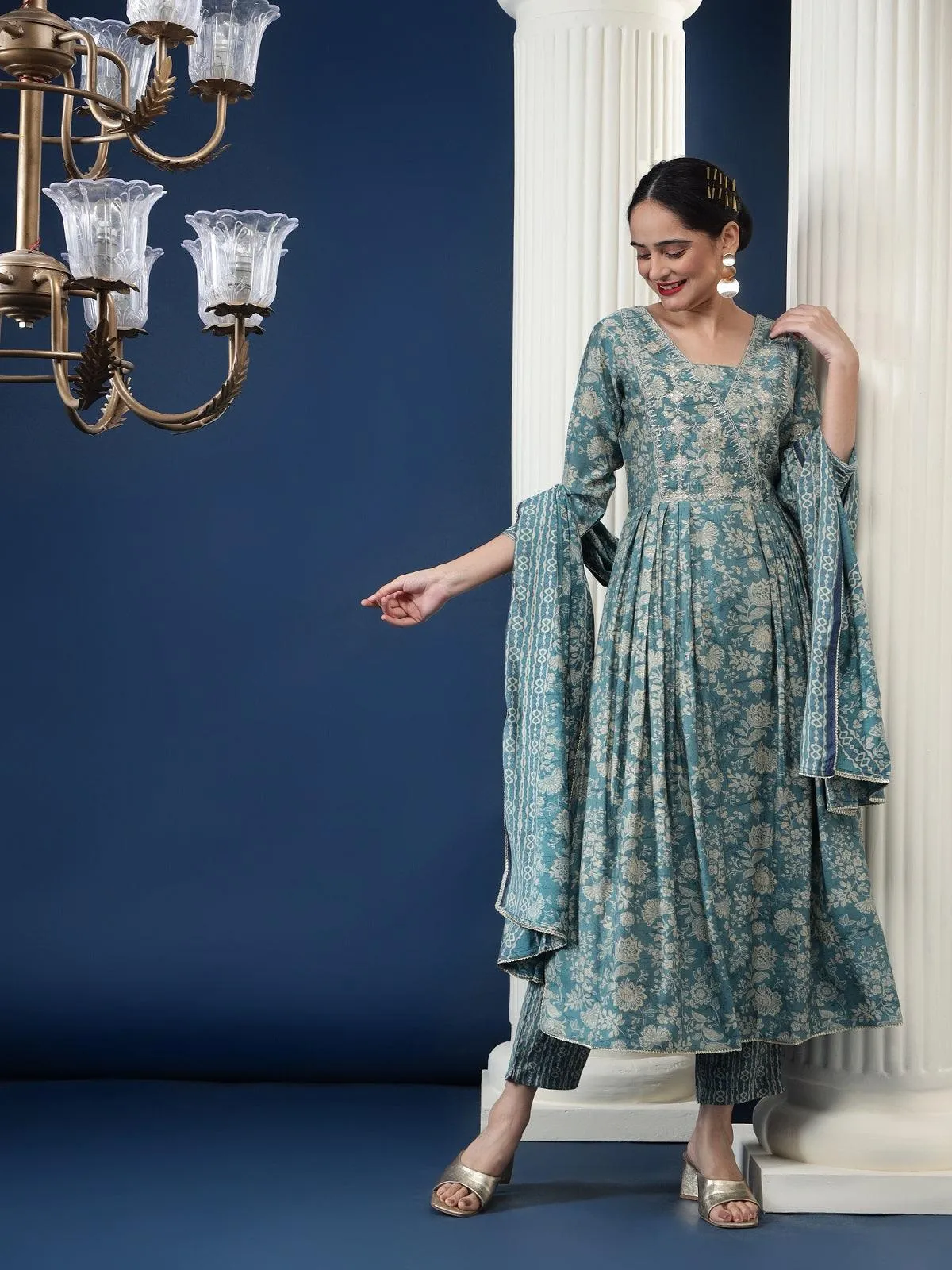 Bani Women Angrakha Printed Silk Kurta with Pant & Dupatta Set for Women