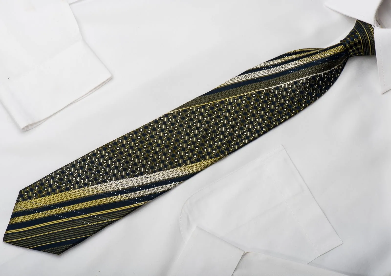 Basic Elle Rhinestone Silk Necktie Olive Green & Checker On Navy With Silver Sparkles