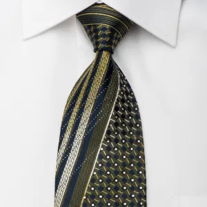 Basic Elle Rhinestone Silk Necktie Olive Green & Checker On Navy With Silver Sparkles