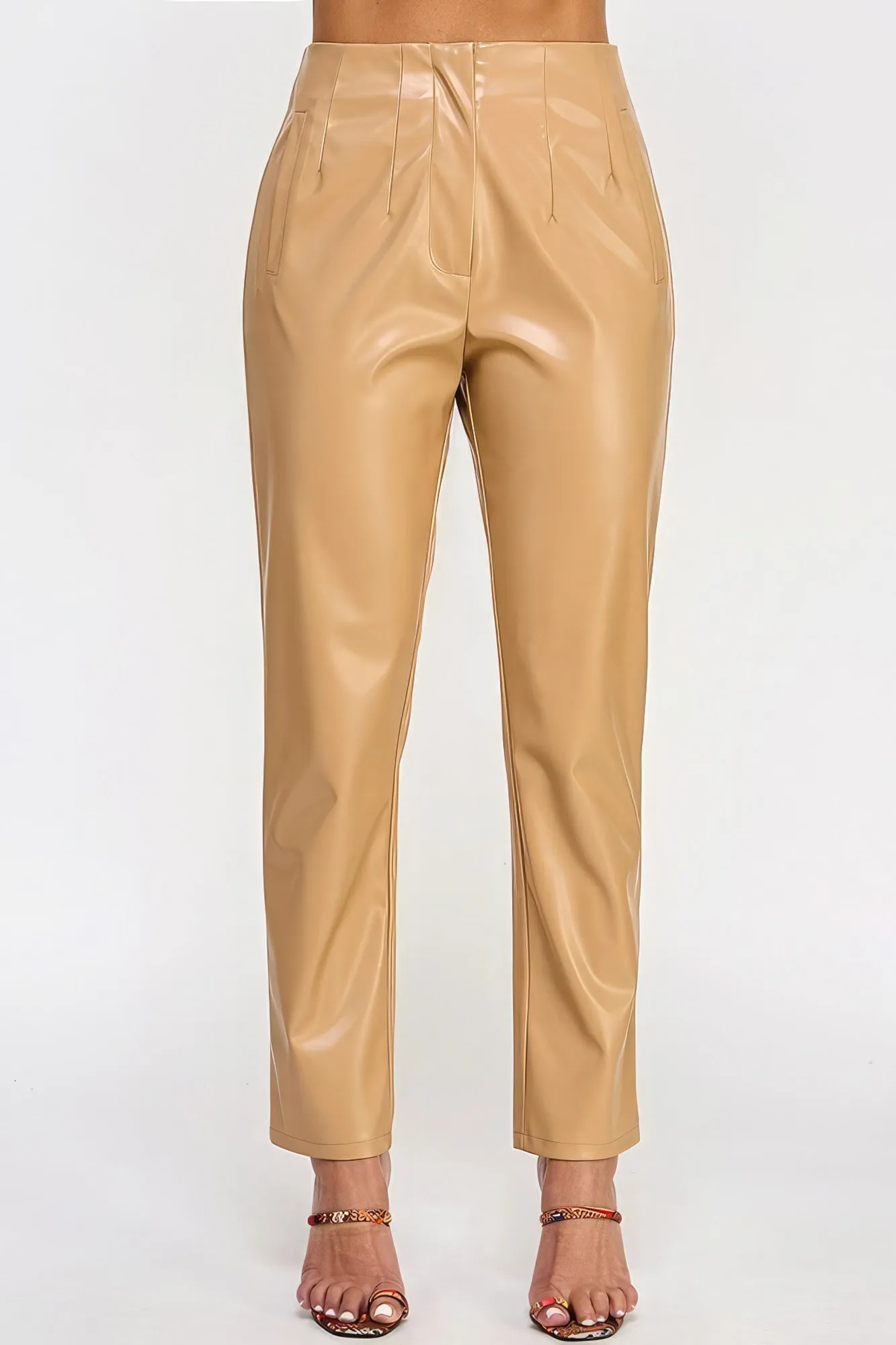 Beige Faux Leather Straight Pants