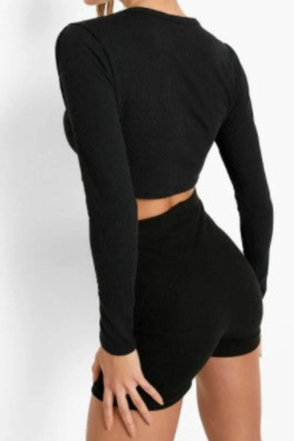 Black Crinkle Long Sleeve Cut Out Racer Top