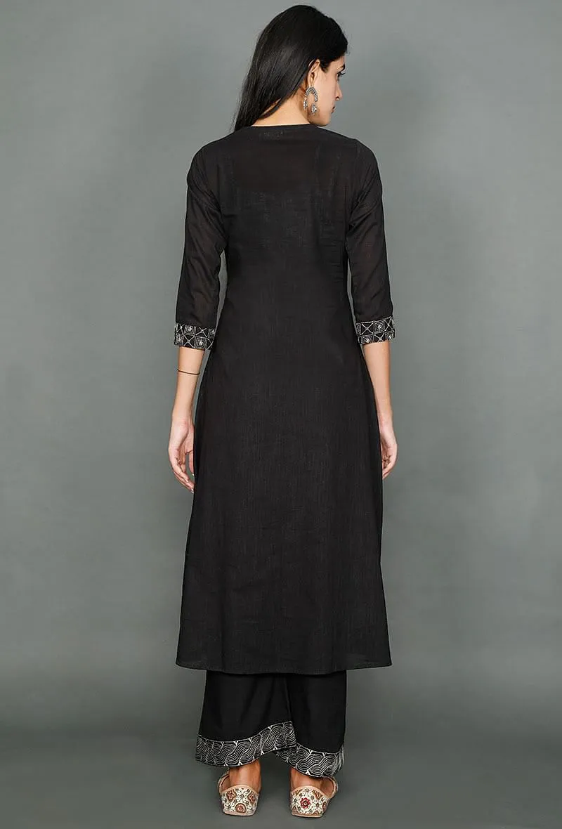 Black Kurta With Kantha Embroidered Yoke