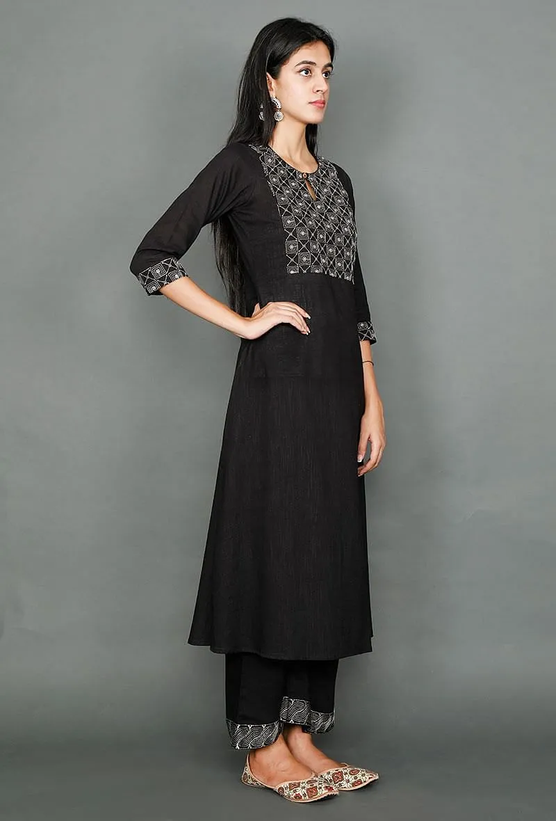 Black Kurta With Kantha Embroidered Yoke