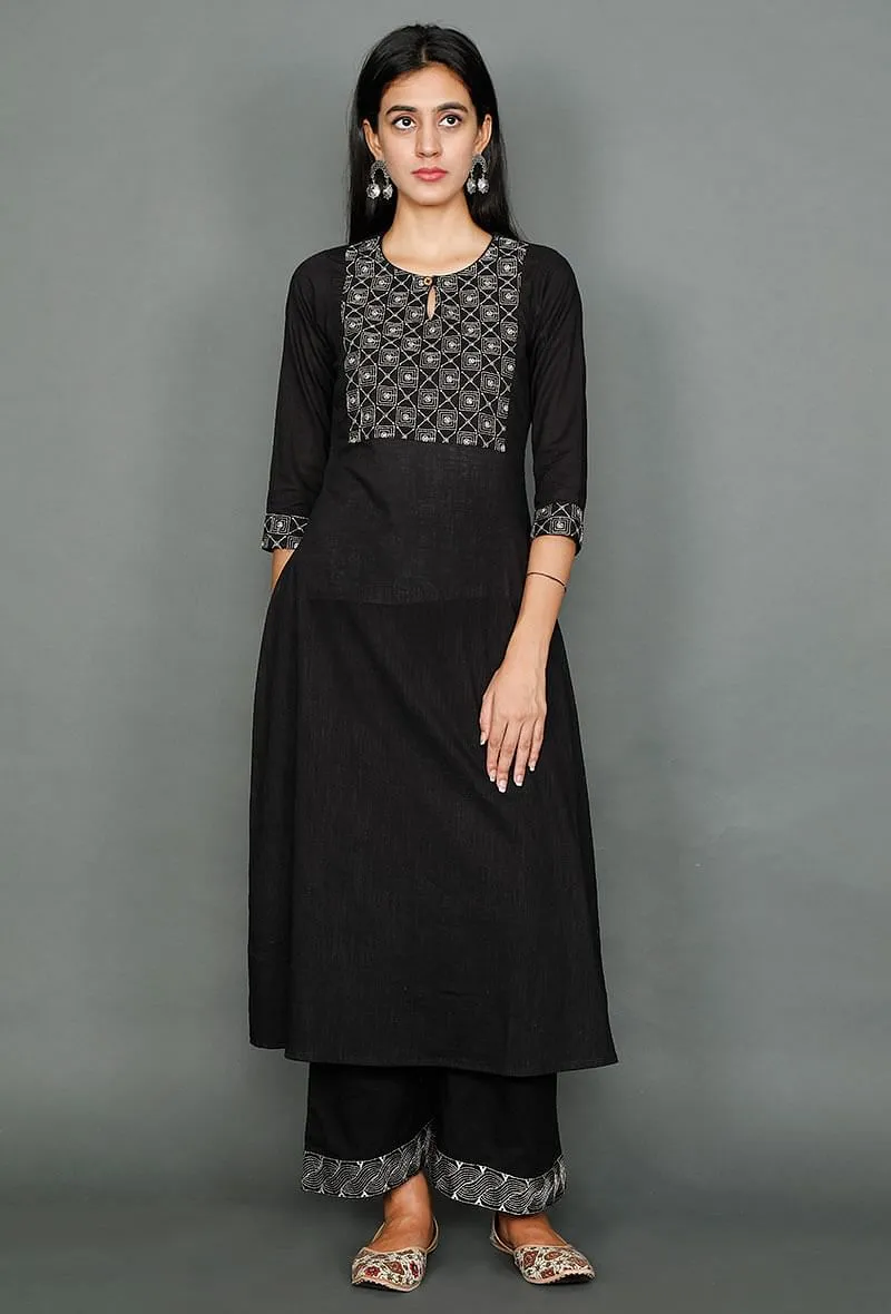 Black Kurta With Kantha Embroidered Yoke