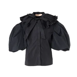 Black Pleated Collar Taffeta Shirt