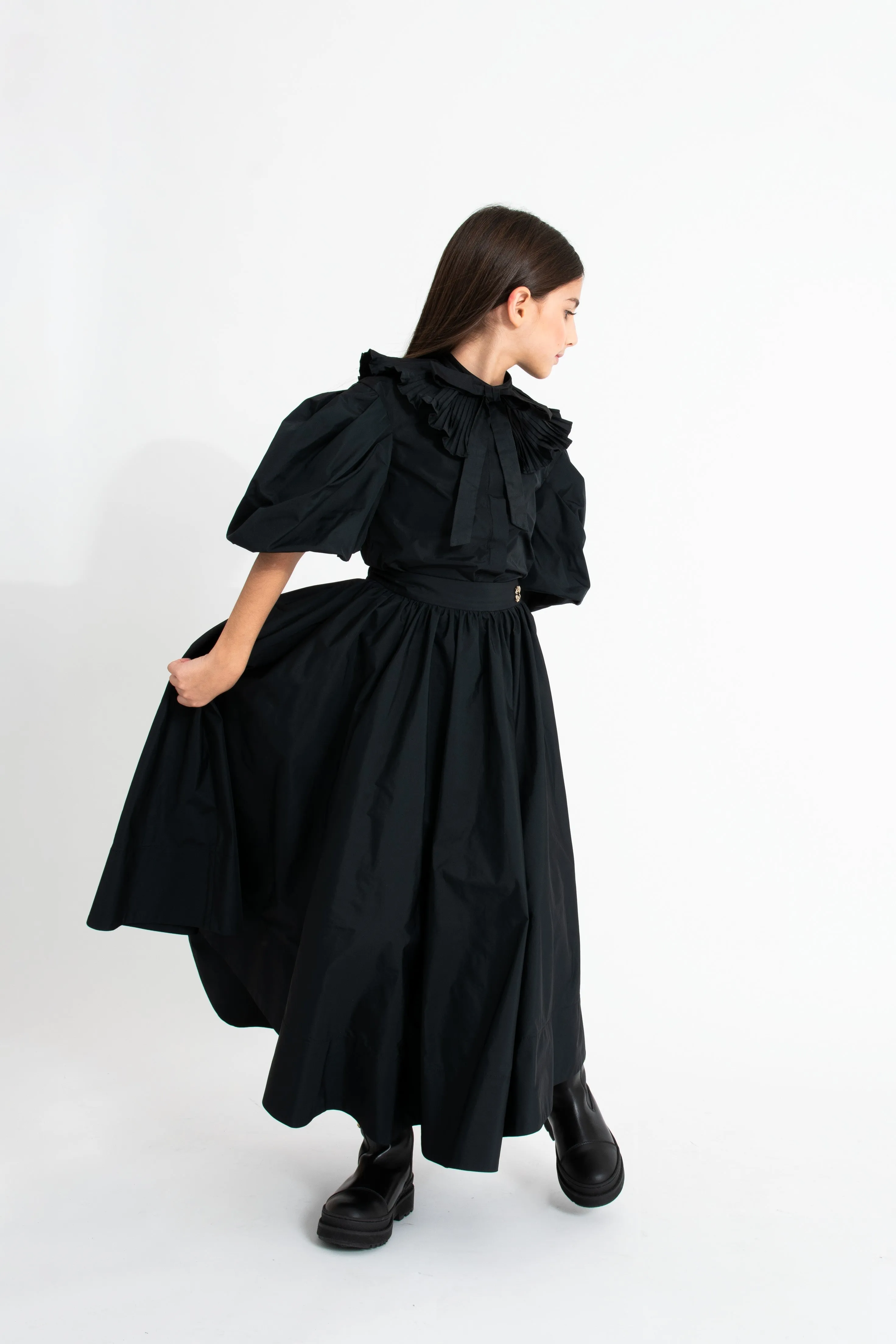 Black Pleated Collar Taffeta Shirt