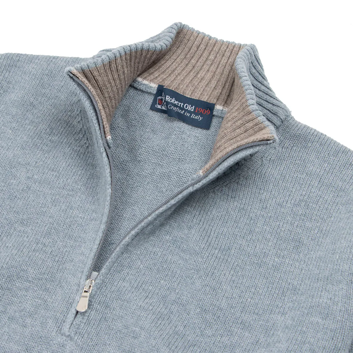 Blue Melange Virgin Wool & Cashmere Zip Neck Sweater