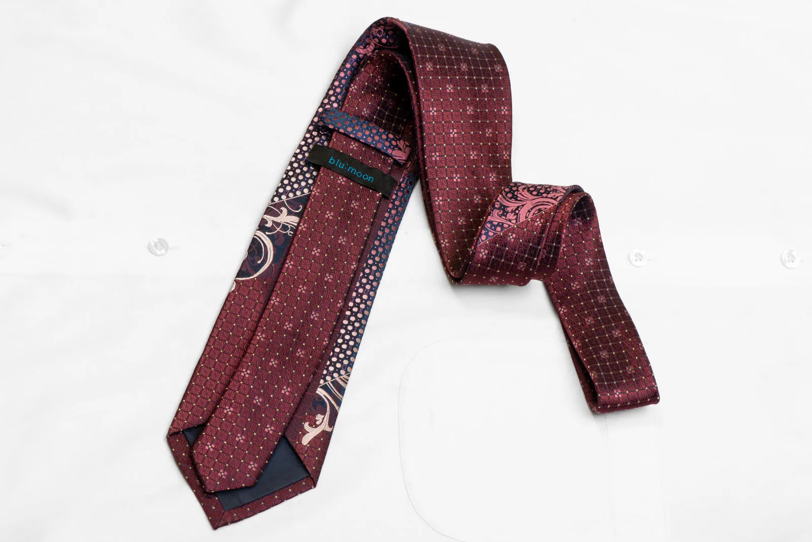 Burgundy Trellis Acanthus Scrolls On Navy Rhinestone Silk Necktie With Gold Sparkles