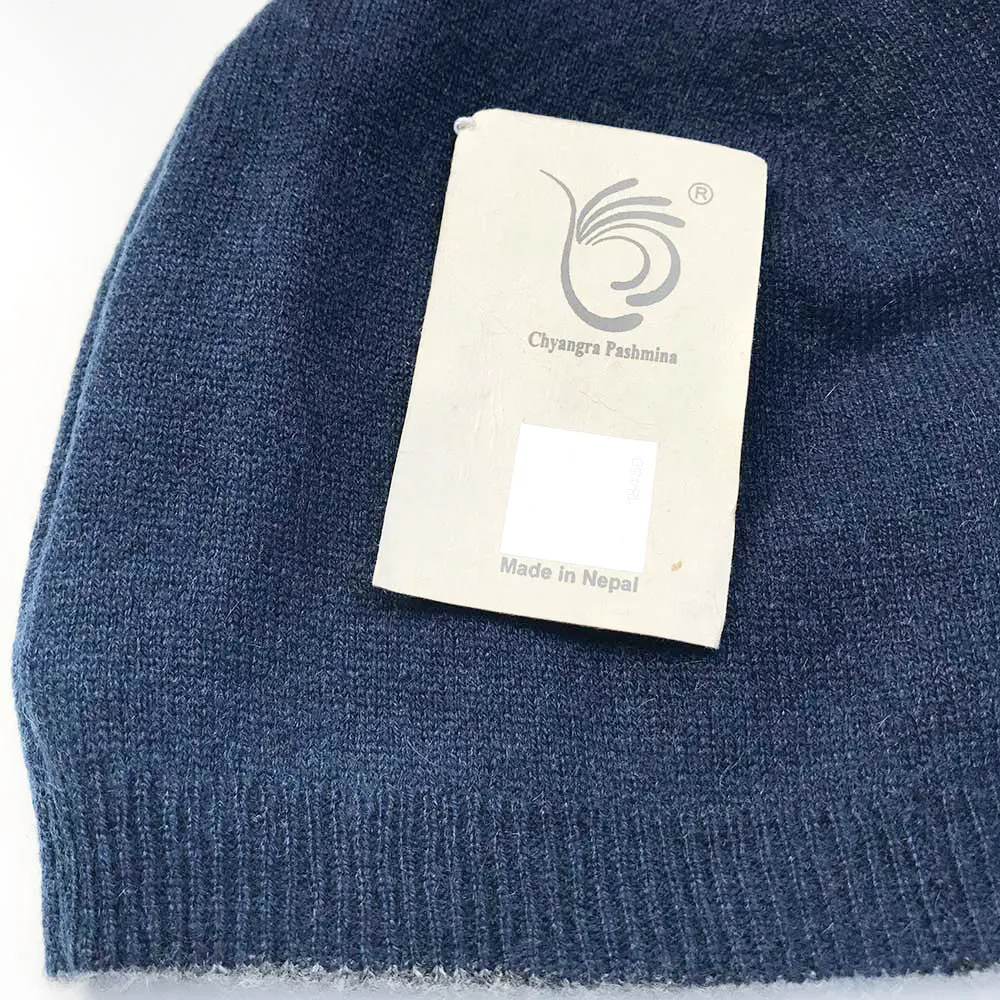 Cashmere Beanie Navy Blue Grey Reversible Elastic