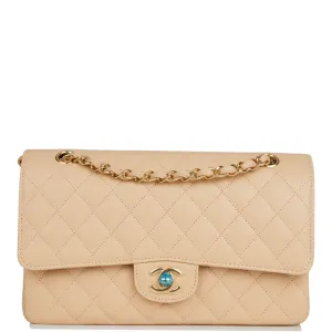 Chanel Medium Classic Double Flap Bag Beige Quilted Caviar Gold Hardware