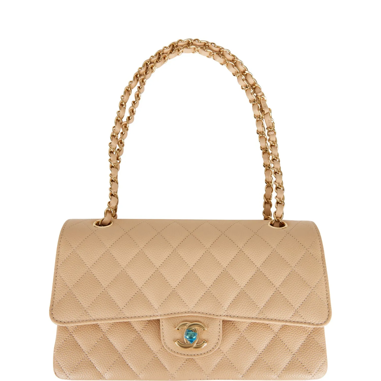 Chanel Medium Classic Double Flap Bag Beige Quilted Caviar Gold Hardware