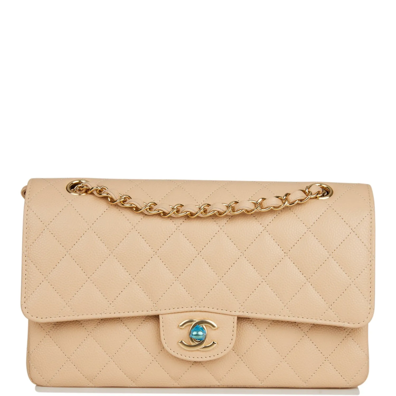 Chanel Medium Classic Double Flap Bag Beige Quilted Caviar Gold Hardware