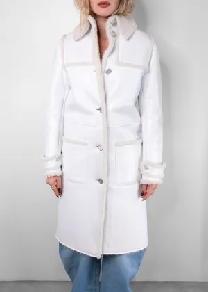 Chanel White Shearling And Patten Leather Single-Breasted Coat