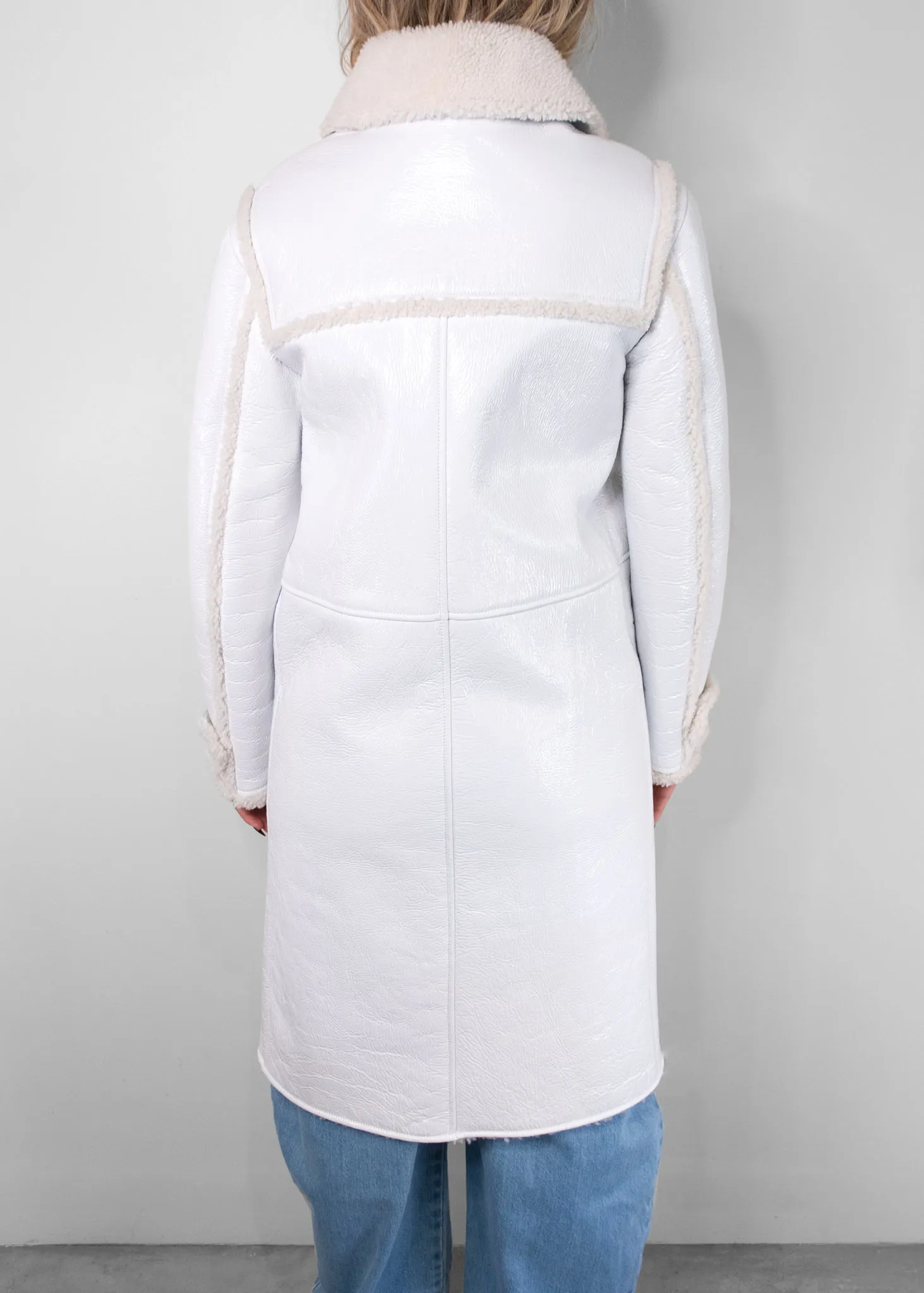 Chanel White Shearling And Patten Leather Single-Breasted Coat