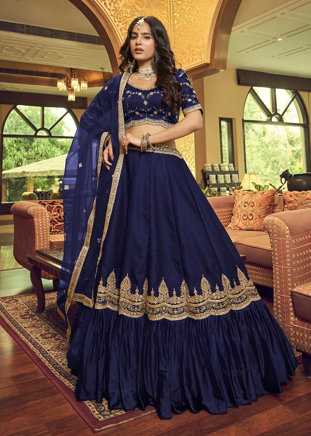 Charming Navy Blue Lino Silk Ruffle Party Wear Lehenga Choli