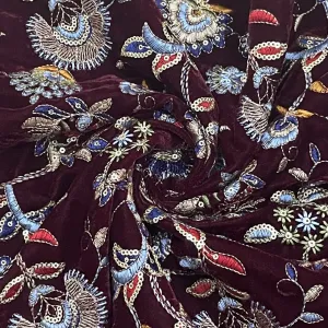 Classic Maroon Floral Sequins Embroidery Velvet Fabric