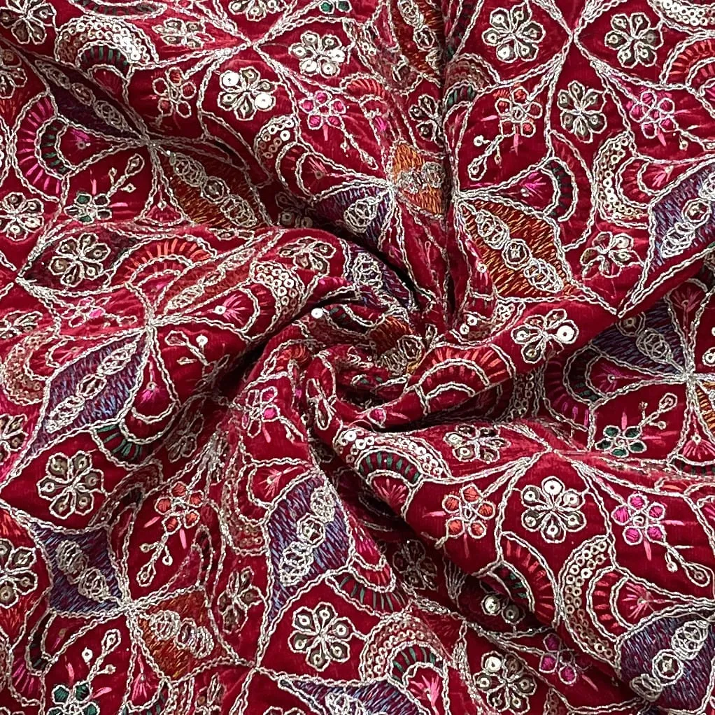 Classic Red Traditional Sequins Embroidery Velvet Fabric