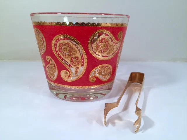 Culver Signed Mid-Century Red & 22-Karat Gold Paisley Ice Container and Tongs