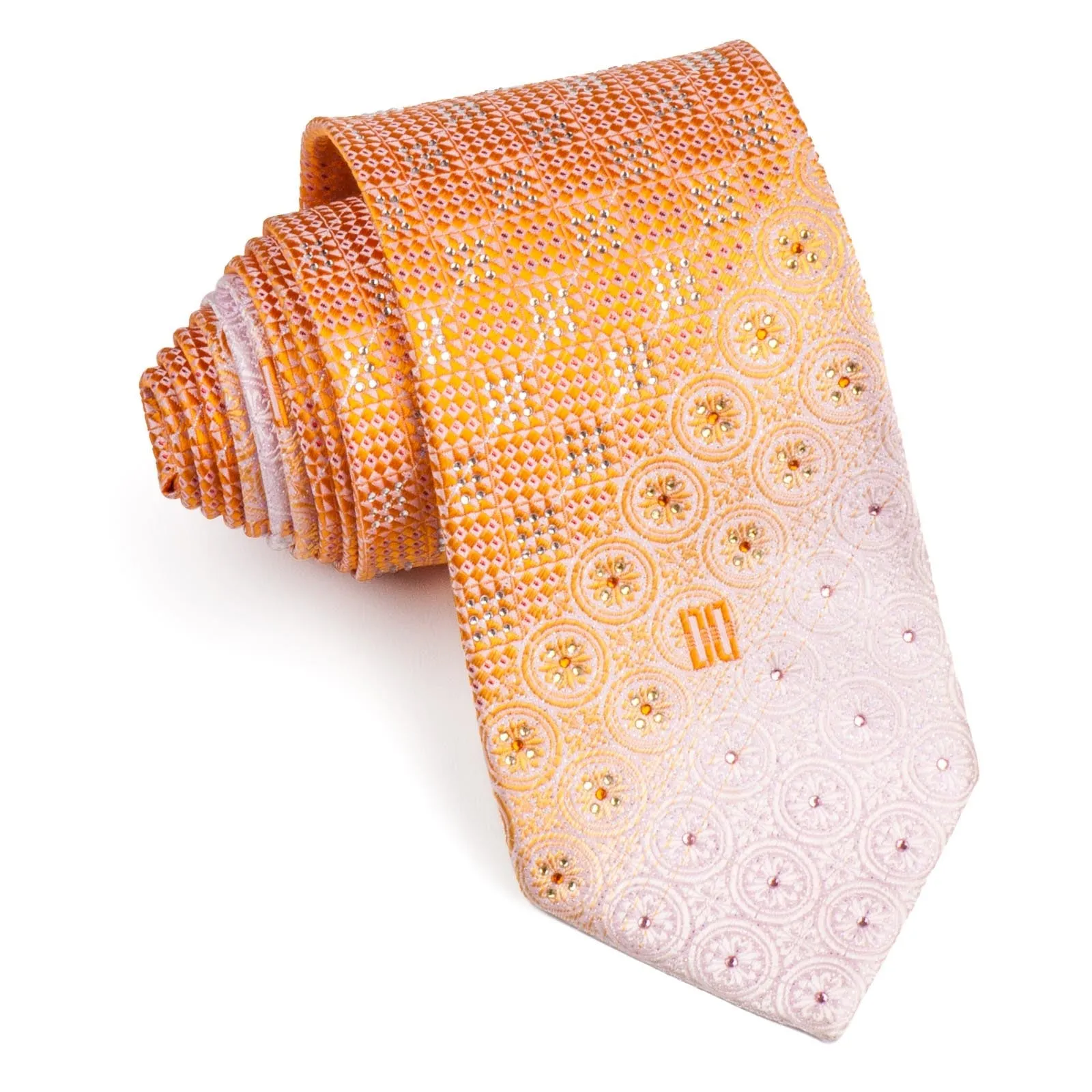 Daks Silk Neck Tie With Rhinestones Orange & White Checked With Silver Sparkles