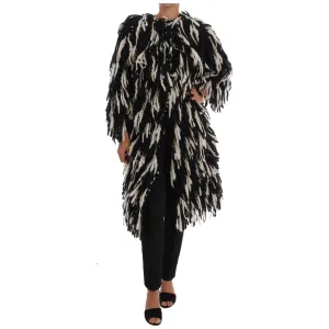 Dolce & Gabbana Black and White Fringed Wool Coat Jacket