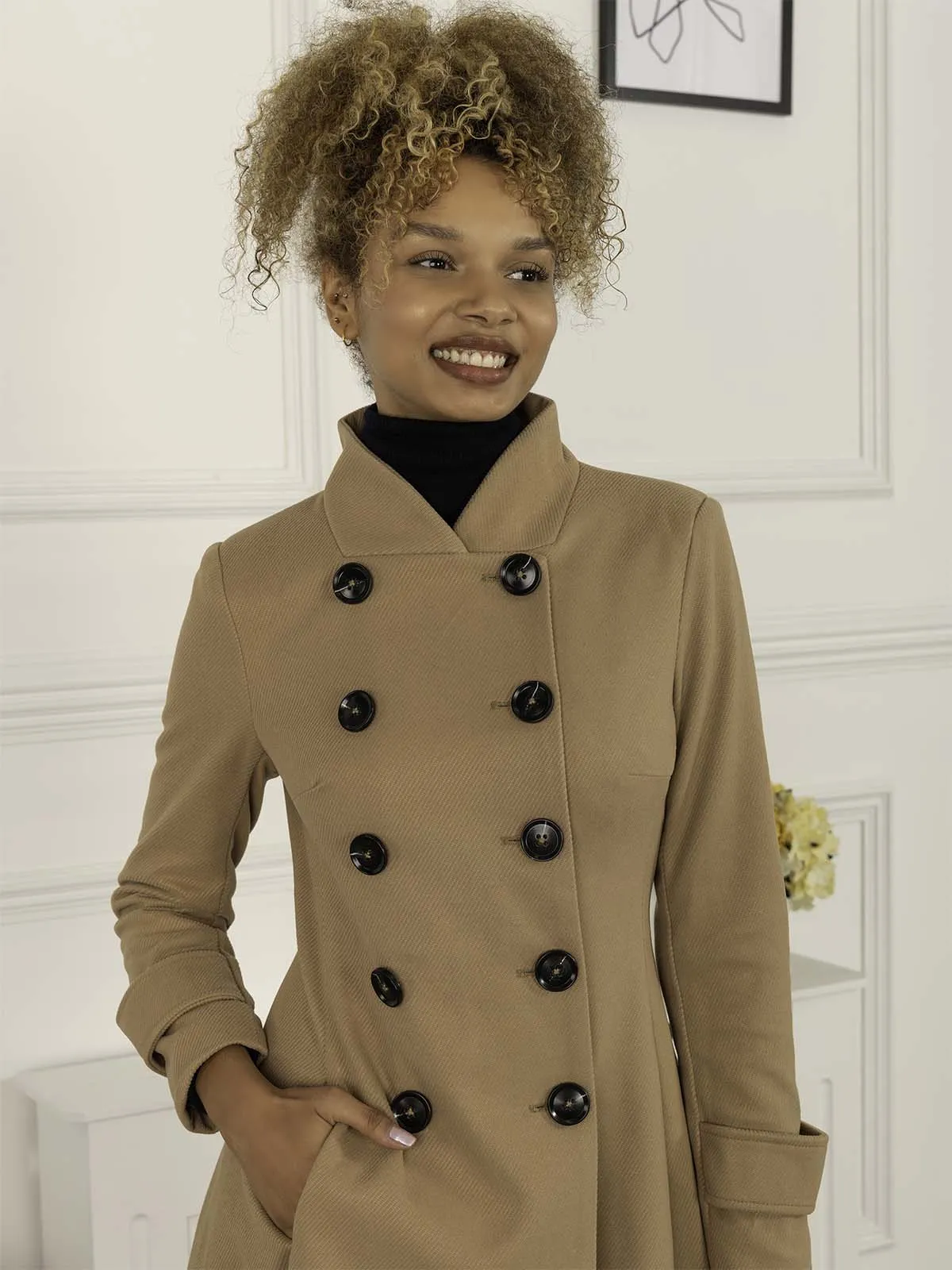 Double Breasted Button Detail Fit And Flare Coat, Camel