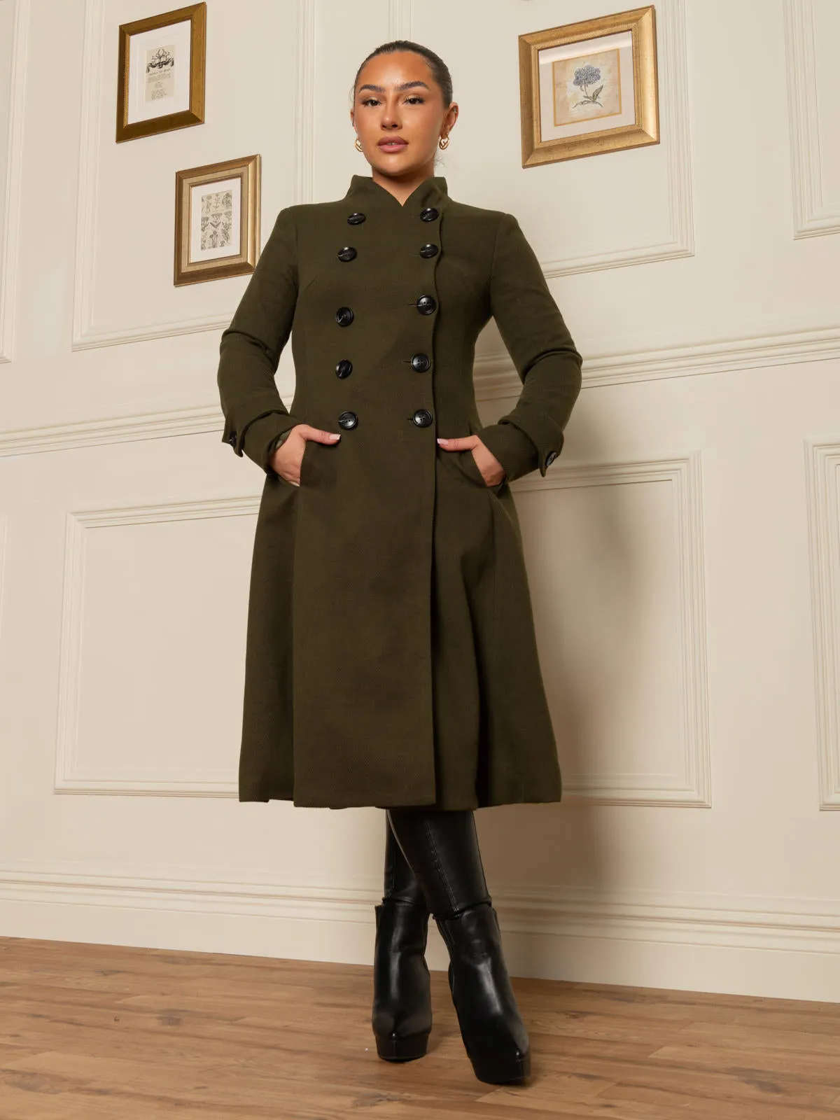 Double Breasted Button Detail Fit And Flare Coat, Soldier Green