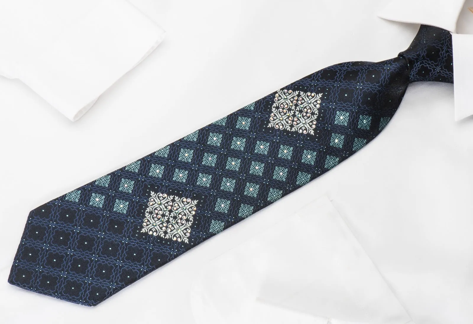 Elegance Rhinestone Silk Necktie Cartouche On Navy With Blue Sparkles