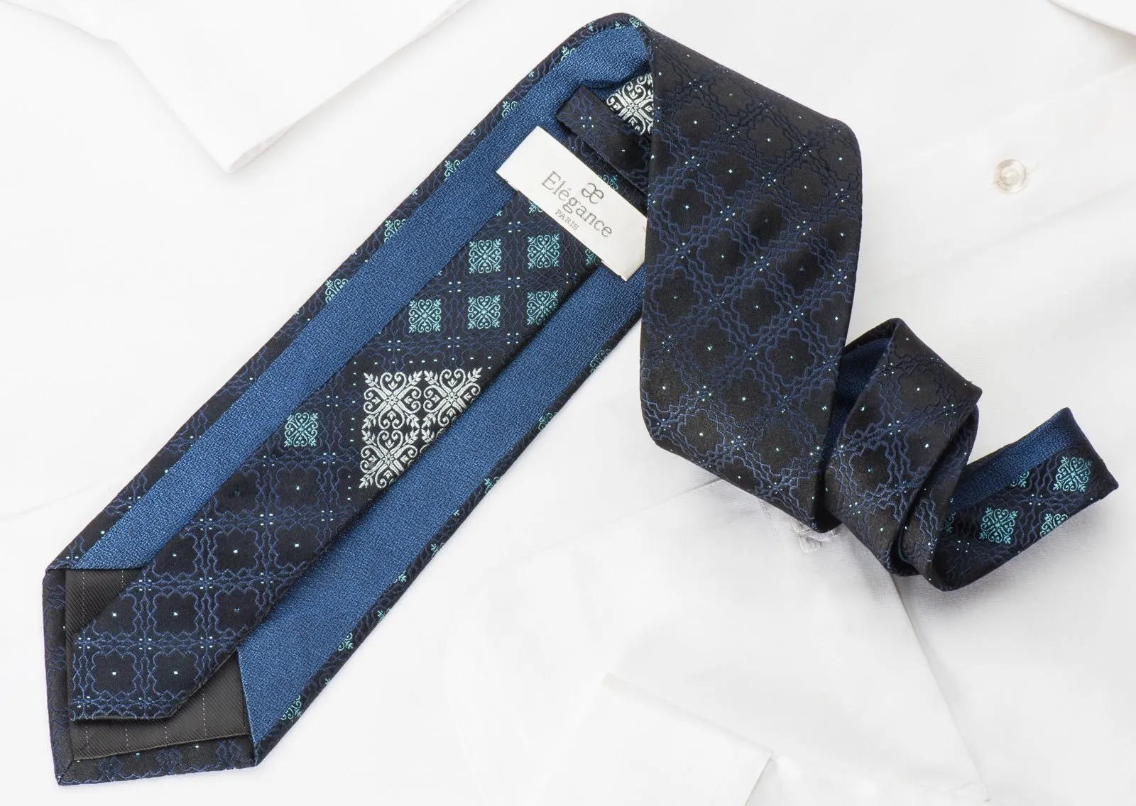 Elegance Rhinestone Silk Necktie Cartouche On Navy With Blue Sparkles