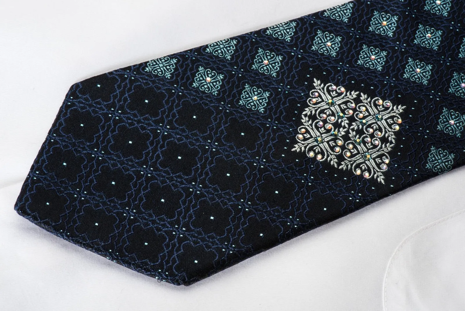 Elegance Rhinestone Silk Necktie Cartouche On Navy With Blue Sparkles