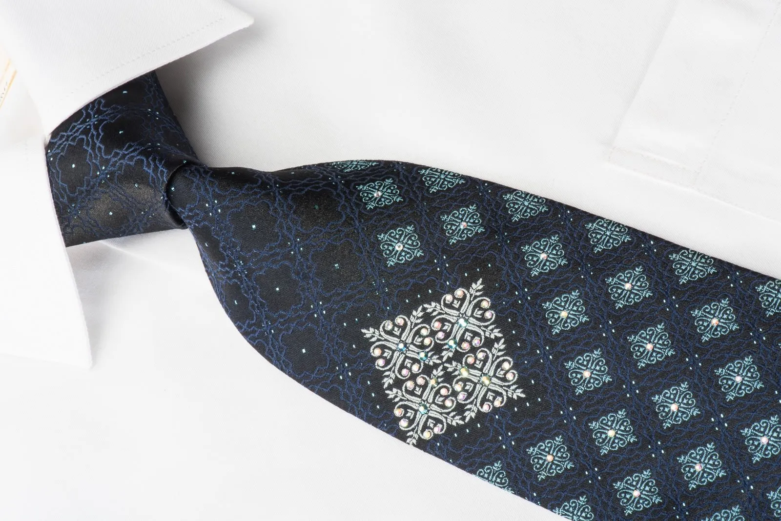 Elegance Rhinestone Silk Necktie Cartouche On Navy With Blue Sparkles