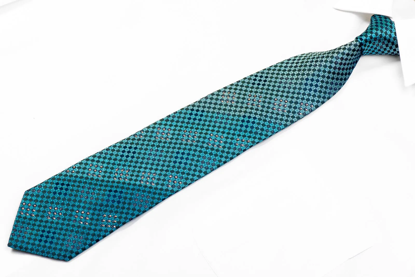 Elle Homme Rhinestone Necktie Teal Checkered On Navy With Sparkles