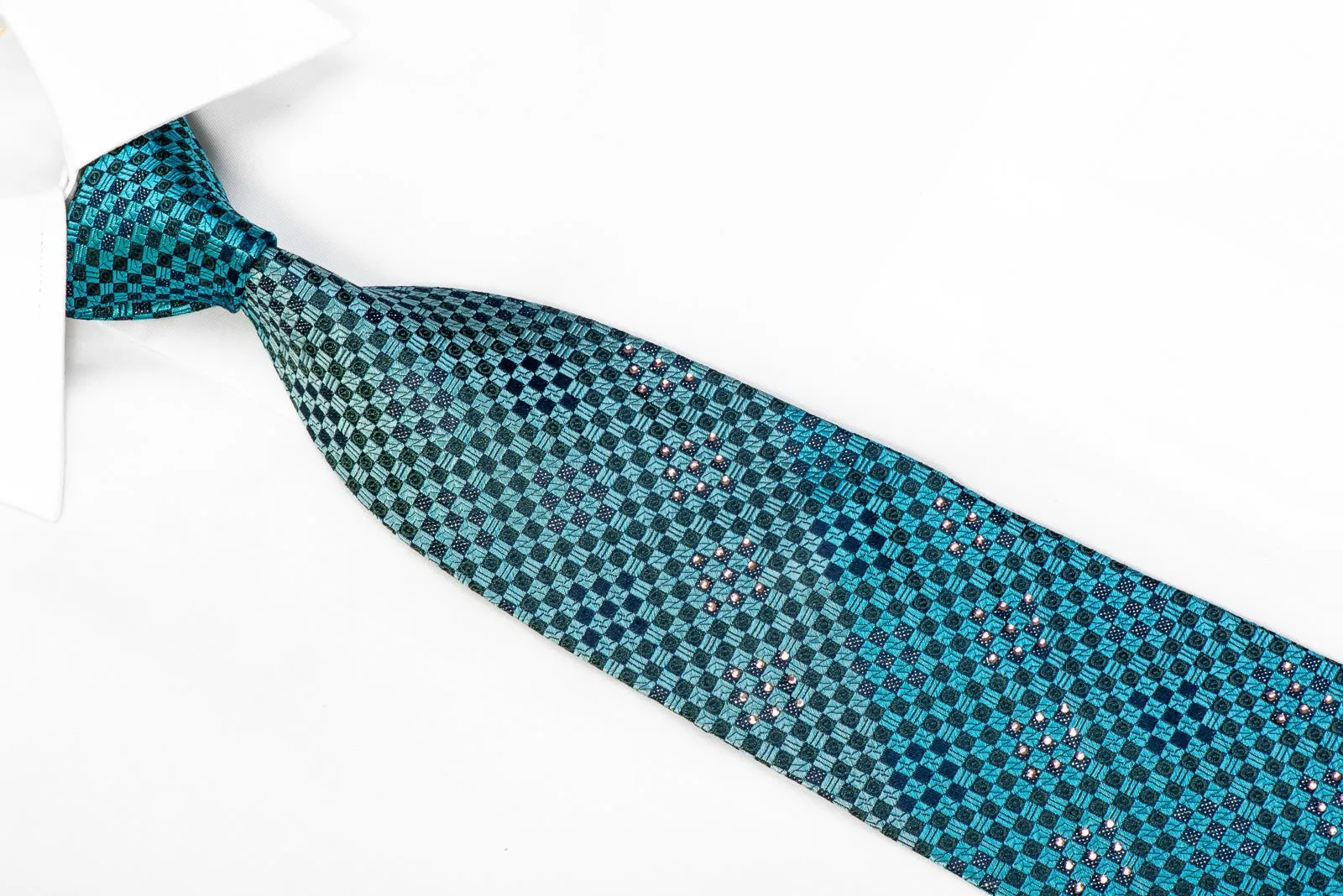 Elle Homme Rhinestone Necktie Teal Checkered On Navy With Sparkles