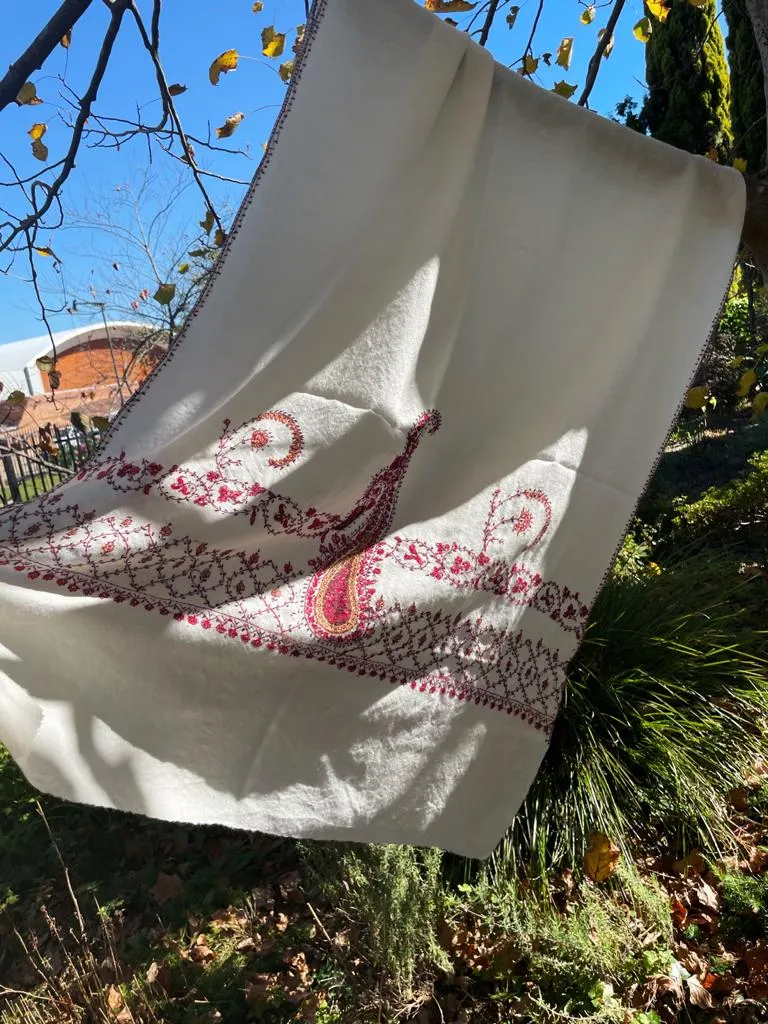 Fair Trade Embroidered Wool Shawl/Stole/Scarf (White Paisley)