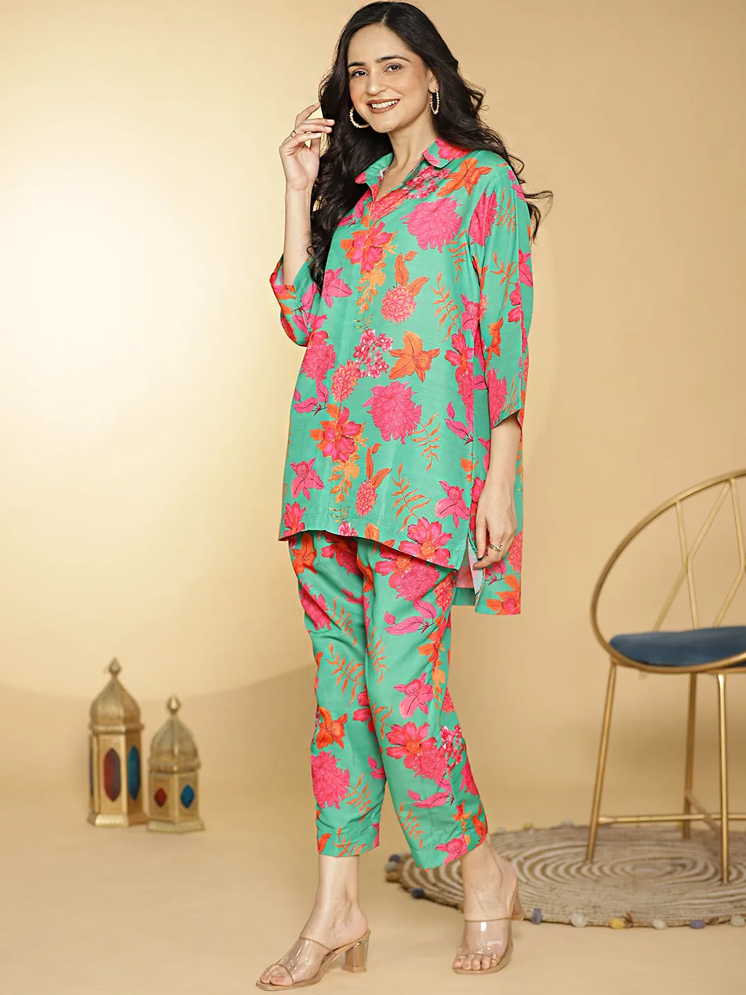 GreenFloral Muslin Printed ShirtTop & Pants