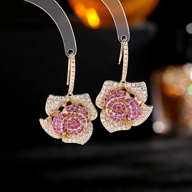 heavy industry elegant and exaggerated hree-dimensional camellia earrings