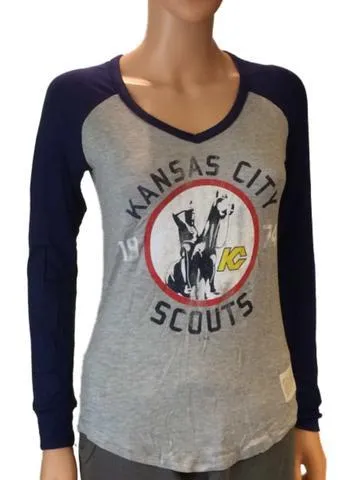 Kansas City Scouts Retro Brand Women Navy Two Tone V-Neck LS T-Shirt