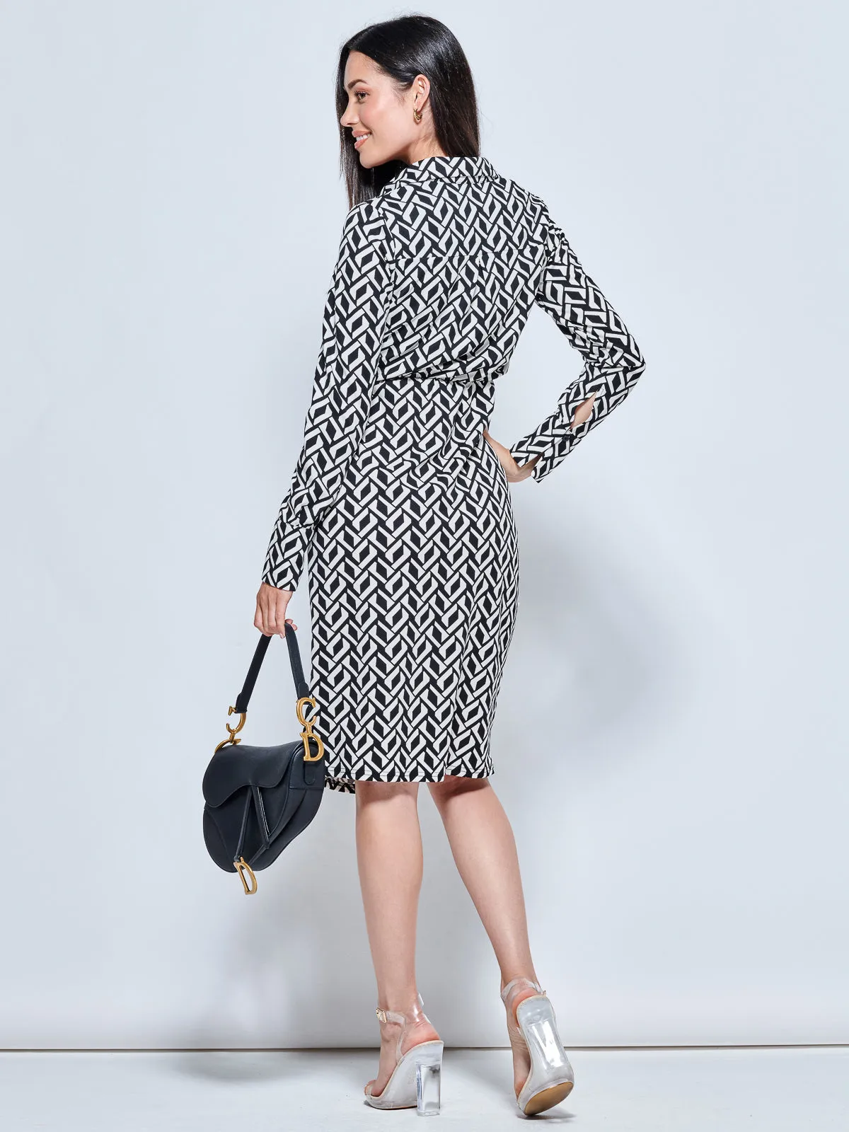 Long Sleeved Buckle Detail Shirt Dress, Black Geo