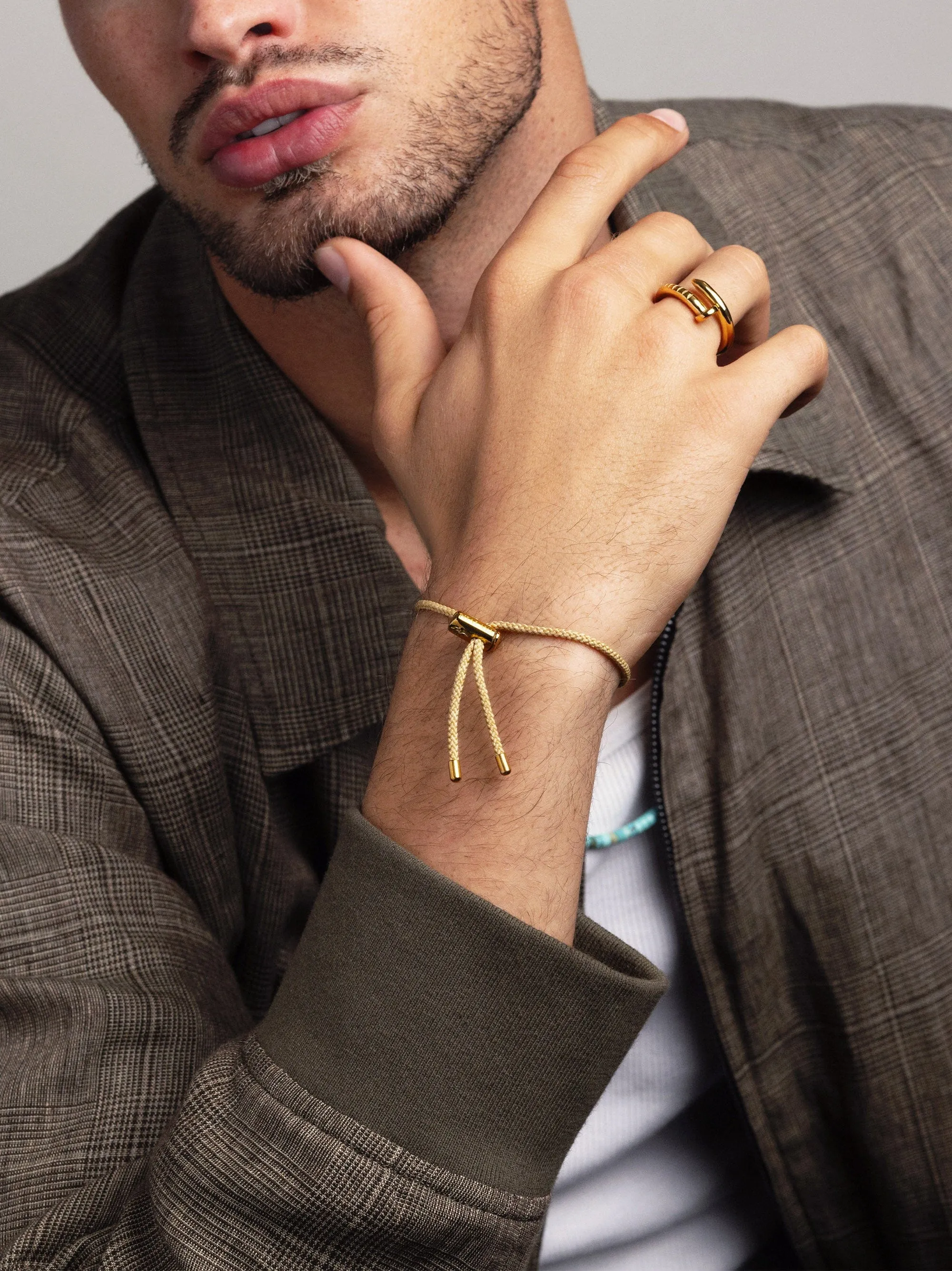 Men's Beige String Bracelet with Adjustable Gold Lock