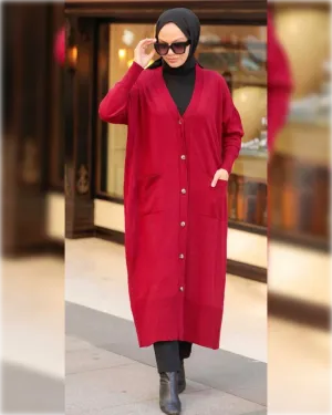 Nasma Cozy Long Cardigan in Red Shade كارديجان نسمة الشتوي الدافئ الجميل باللون الأحمر الجميل