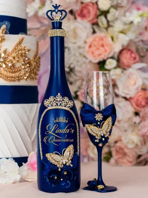 Navy blue with butterflies Quinceanera Bottle with 1 Glass