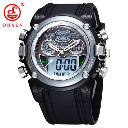 New OHSEN Waterproof Diver Military Wristwatch Mens Dual Time Sport Watch Alarm Date Week Chronograph Relogio Feminino Masculino