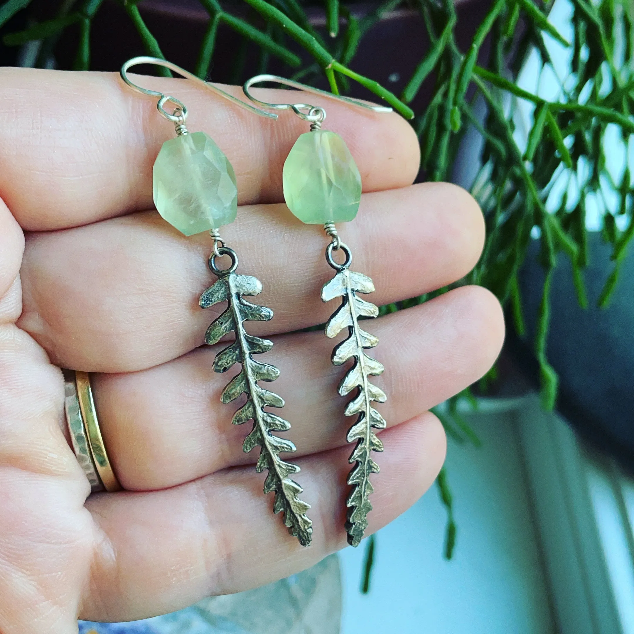 Prehnite and Sterling Silver Fern Earrings