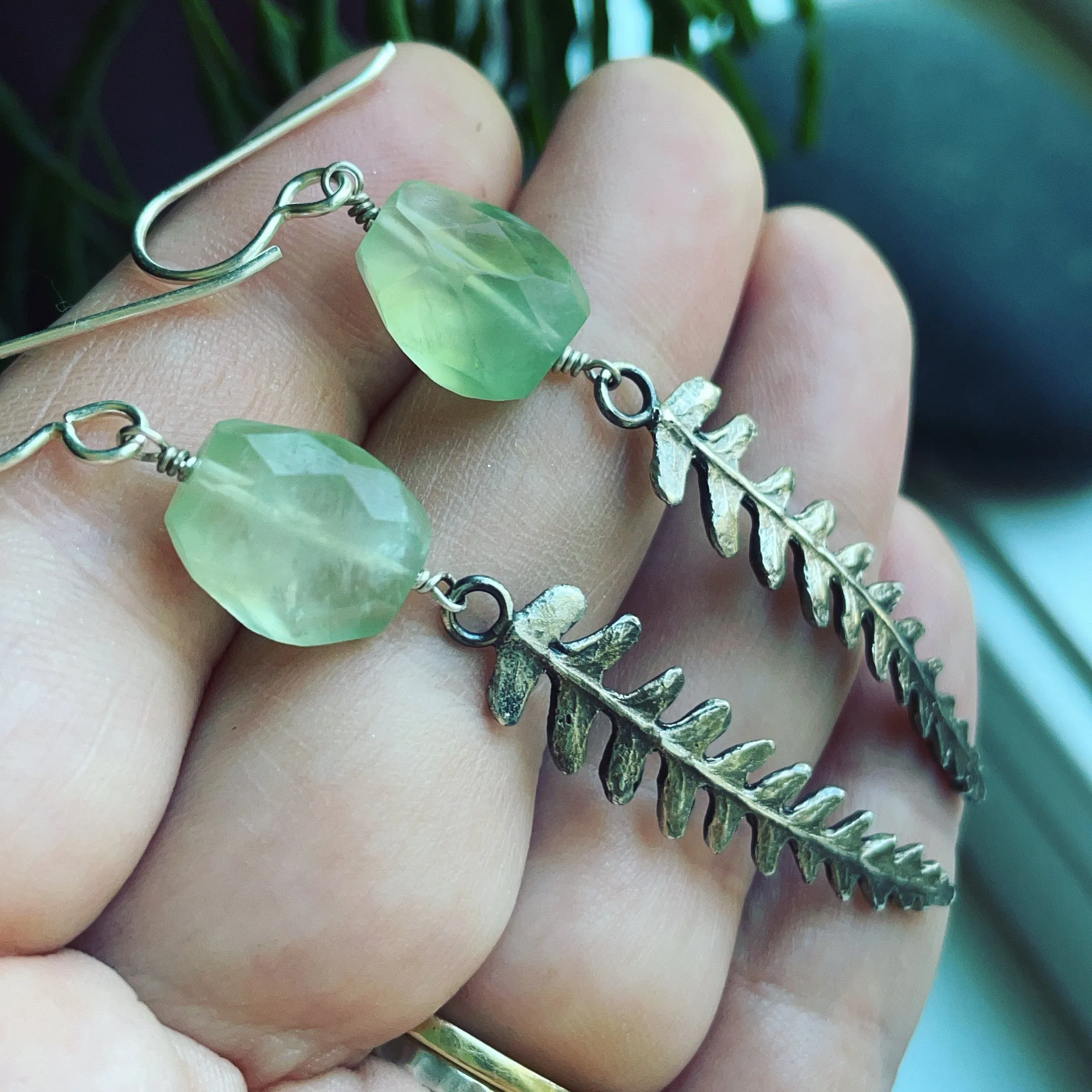 Prehnite and Sterling Silver Fern Earrings