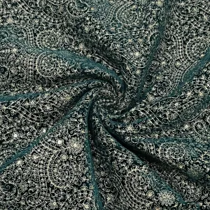 Premium Teal Blue Traditional Sequins Thread Embroidery Velvet Fabric