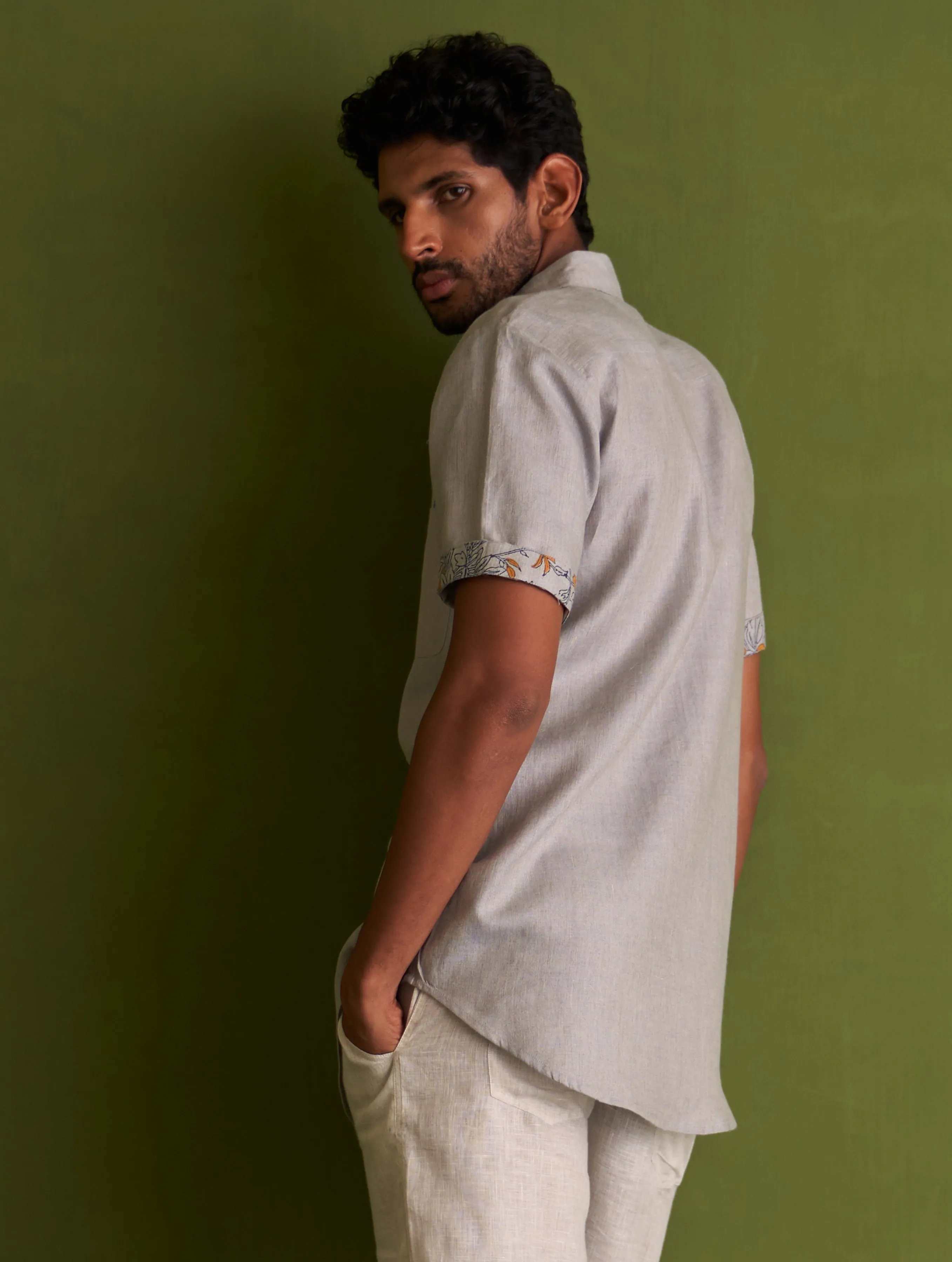 Runo Block-Printed Linen Shirt - Grey